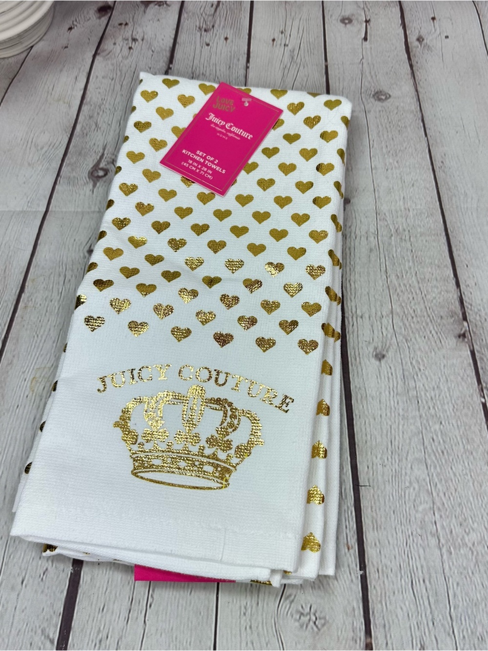 NWT Juicy Couture home kitchen Towel Gold foil Hearts glam décor modern luxe